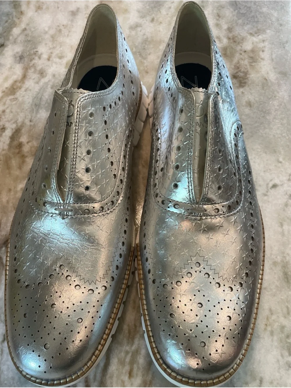 RARE Cole Haan Men's Zerogrand Wingtip Silver Metallic Star Shoes 12m No Laces